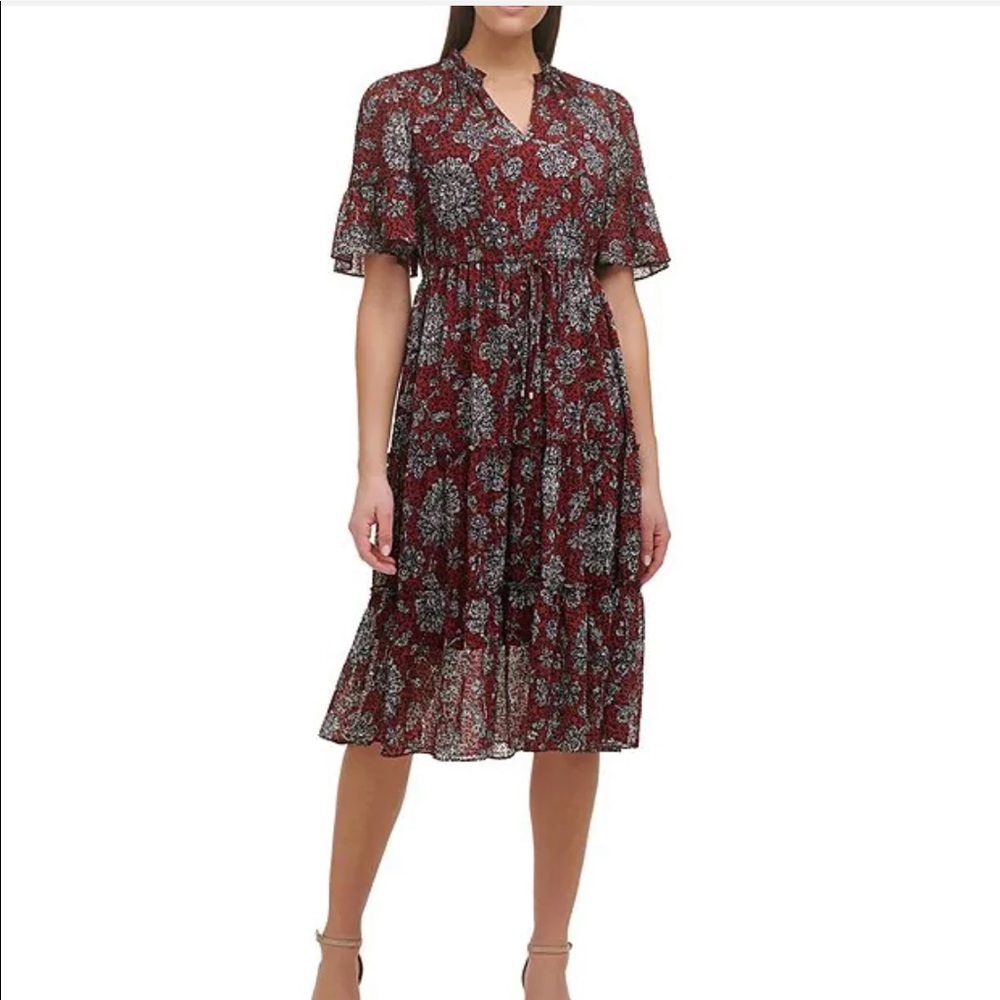 Tommy Hilfiger Floral Print Chiffon Split V-Neck Drawstring Waist MIDI Dress